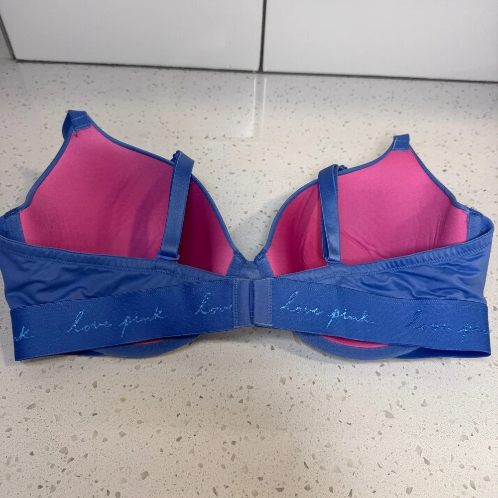 Victoria's Secret PINK Wear Everywhere T-Shirt Bra Blue Pink 38D Underwire Logo